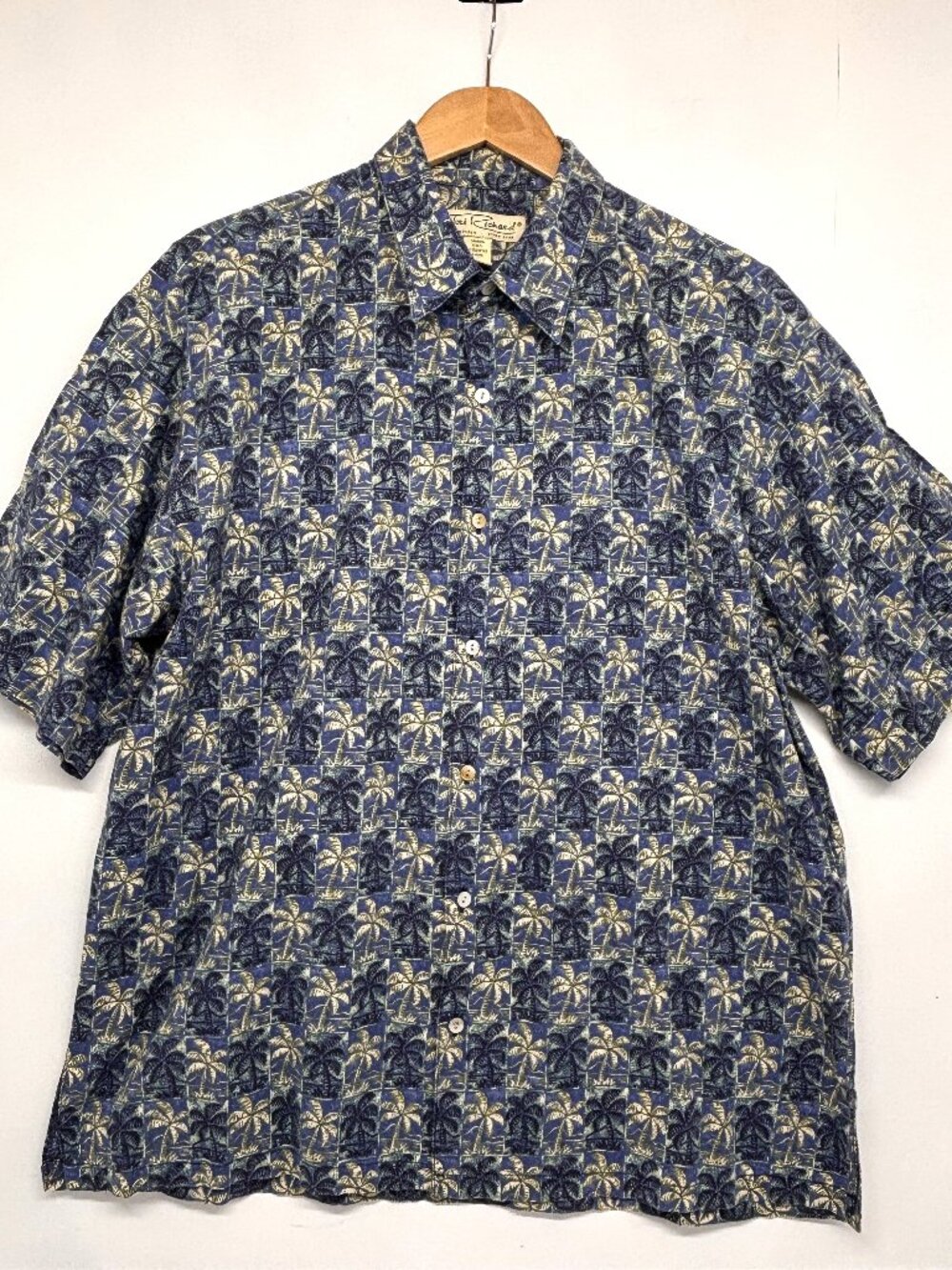 Tori Richard Hawaiian Short Sleeve Shirt Palm Trees Blue Green USA Made Men's XL